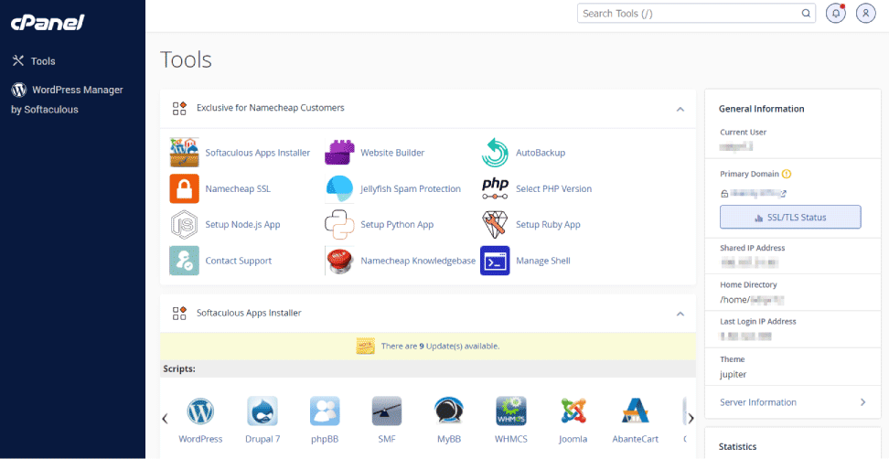لوحة تحكم cPanel في استضافة Namecheap