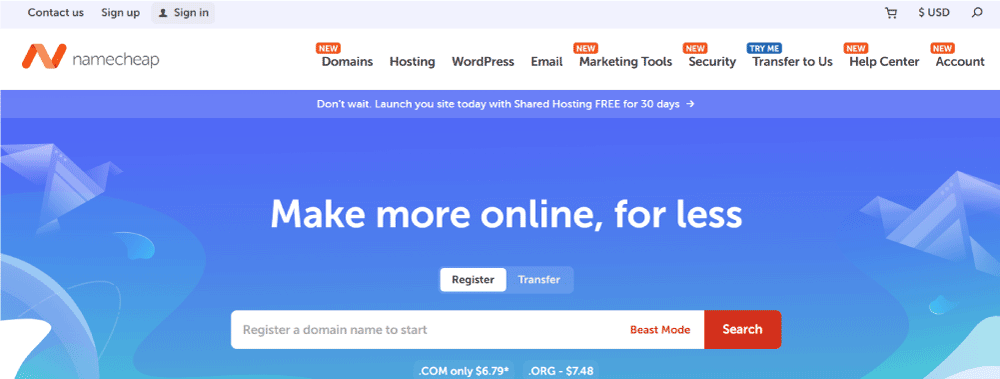 الصفحة الرئيسية لموقع Namecheap