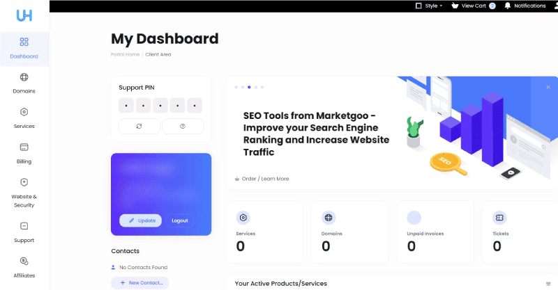  لوحة تحكم حسابك على ultahost